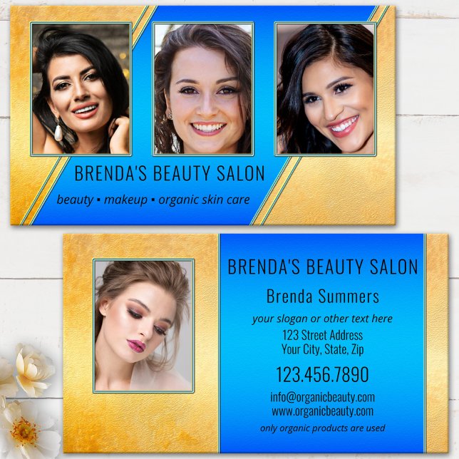 Portfolio Beauty Salon Blue Gold  Business Card (Modern beauty business card showing your photos framed by a turquoise blue and gold artistic design)