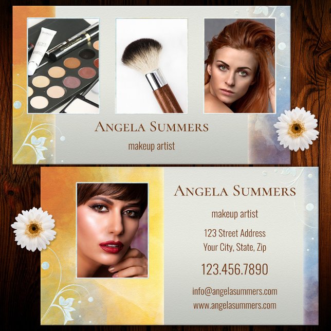 Portfolio Cosmetologist Makeup Artist Business Card (Business card featuring a photo portfolio framed by an artistic design with floral swirls)