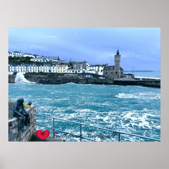 Porthleven Clocktower + Waiting For Fish Sculpture Poster (Front)