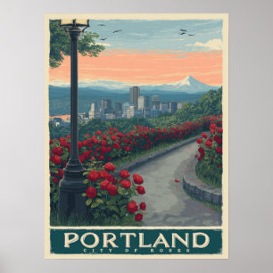 Portland City of Roses – Rose Garden & Skyline Poster