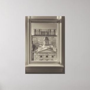 Portland Cityscape through a Window sepia Canvas Print
