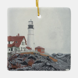 Portland Head Light in Fog Ceramic Ornament