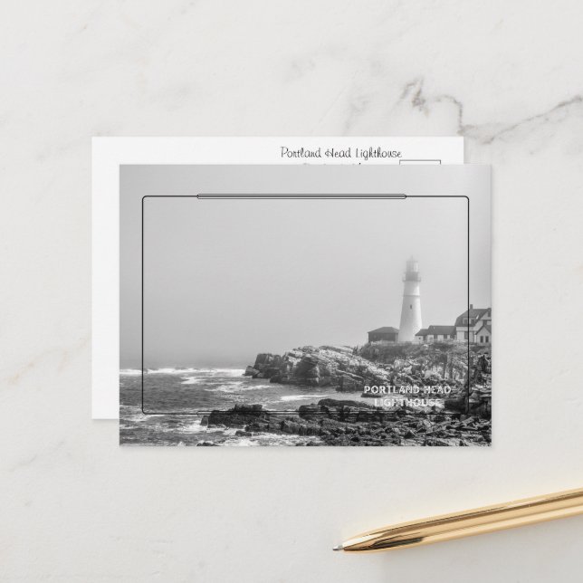 Portland Head Lighthouse Black & White Postcard (Front/Back In Situ)
