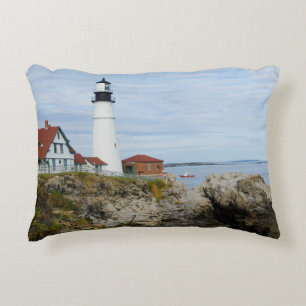 Portland Headlight lighthouse on rocky shore Accent Pillow