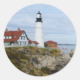 Portland Headlight lighthouse on rocky shore Classic Round Sticker