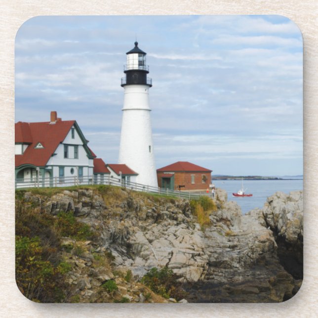 Portland Headlight lighthouse on rocky shore Coaster (Front)