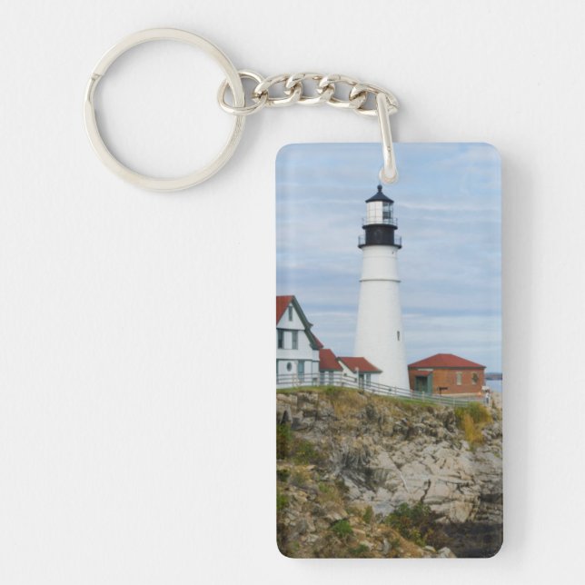 Portland Headlight lighthouse on rocky shore Keychain (Front)