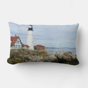 Portland Headlight lighthouse on rocky shore Lumbar Pillow