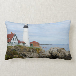 Portland Headlight lighthouse on rocky shore Lumbar Pillow