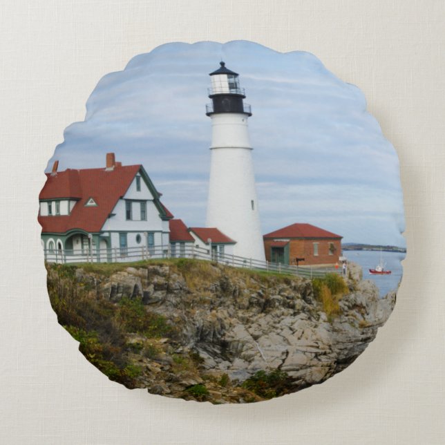 Portland Headlight lighthouse on rocky shore Round Pillow (Front)