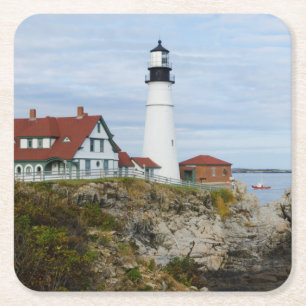 Portland Headlight lighthouse on rocky shore Square Paper Coaster