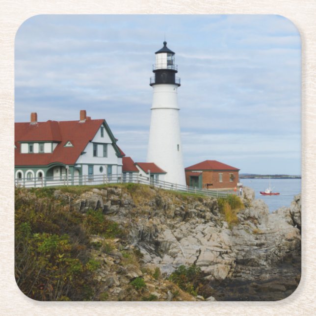 Portland Headlight lighthouse on rocky shore Square Paper Coaster (Front)