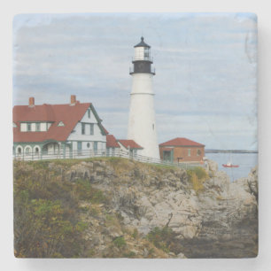 Portland Headlight lighthouse on rocky shore Stone Coaster