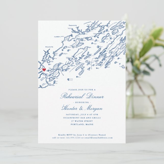 Portland Maine Casco Bay Map Navy Rehearsal Dinner Invitation (Standing Front)