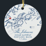 Portland Maine Map Newlywed Keepsake Christmas  Ceramic Ornament<br><div class="desc">Celebrate their love with a personalized wedding keepsake Christmas ornament, featuring a refined navy blue map of Casco Bay in Portland, Maine. This elegant ornament highlights iconic venues like Ocean Gateway, Brick South, The Portland Company Complex, DeMillo's, and Portland Schooner Co., capturing the coastal charm of their special day. With...</div>