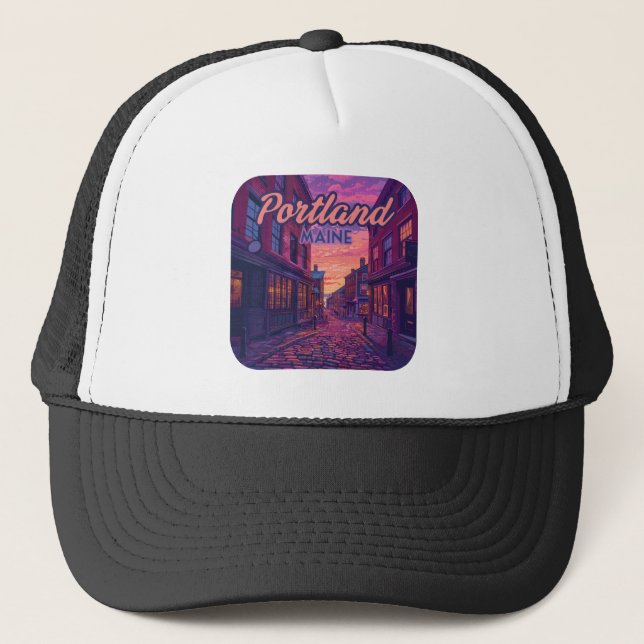 Portland Maine Old Port Cobblestone Vintage  Trucker Hat (Front)