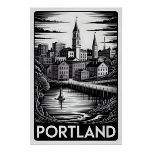 Portland Maine Skyline Black White Woodcut Poster