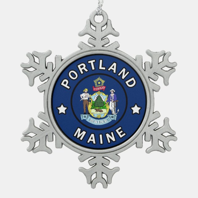 Portland Maine Snowflake Pewter Christmas Ornament (Front)