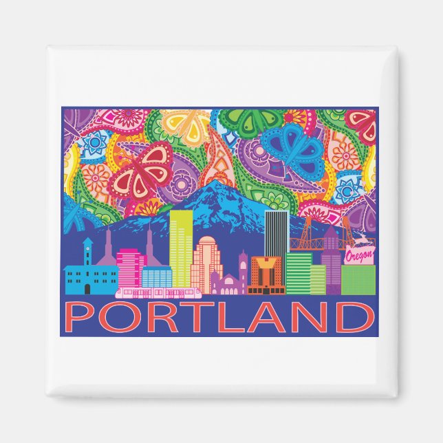 Portland OR and Mt. Hood colourful abstract drawin Magnet (Front)