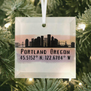 Portland OR City Skyline Latitude and Longitude  Glass Ornament