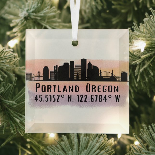 Portland OR City Skyline Latitude and Longitude  Glass Ornament (Insitu)