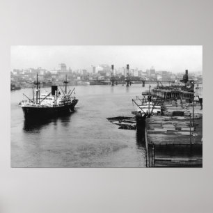 Portland, OR View Lumber Wharf and Ocean Liner Poster