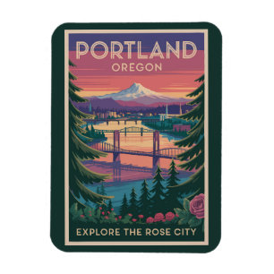 Portland Oregon Mount Hood Travel Art Vintage Magnet