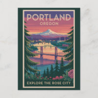 Portland Oregon Mount Hood Travel Art Vintage