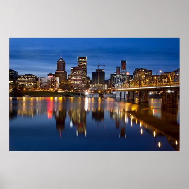 Portland Oregon Skyline at Blue Hour Poster (Front)