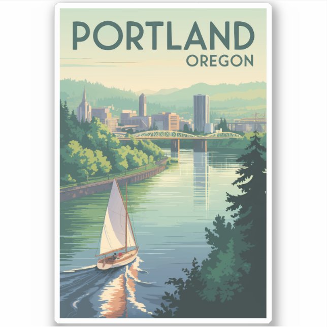 Portland Oregon Skyline Travel Art Vintage (Front)
