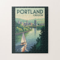 Portland Oregon Skyline Travel Art Vintage
