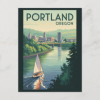 Portland Oregon Skyline Travel Art Vintage