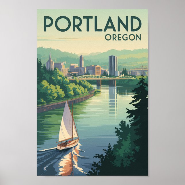 Portland Oregon Skyline Travel Art Vintage Poster (Front)