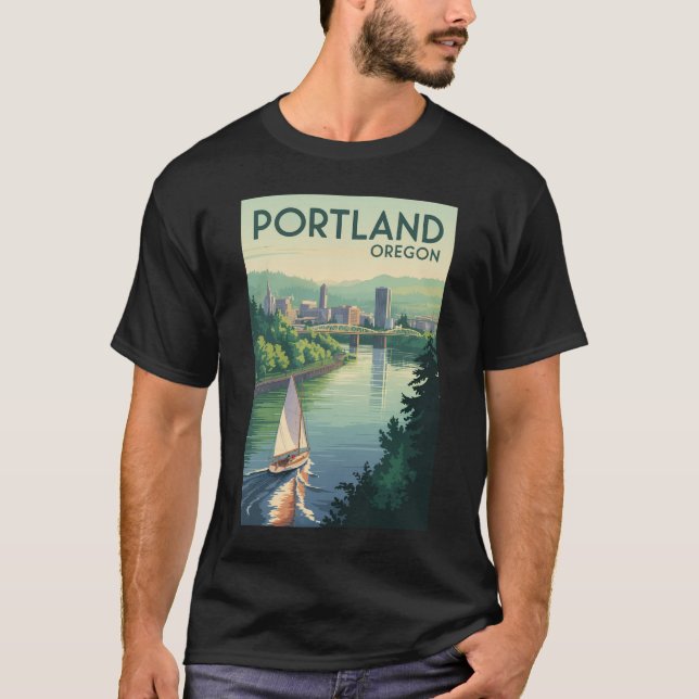 Portland Oregon Skyline Travel Art Vintage T-Shirt (Front)