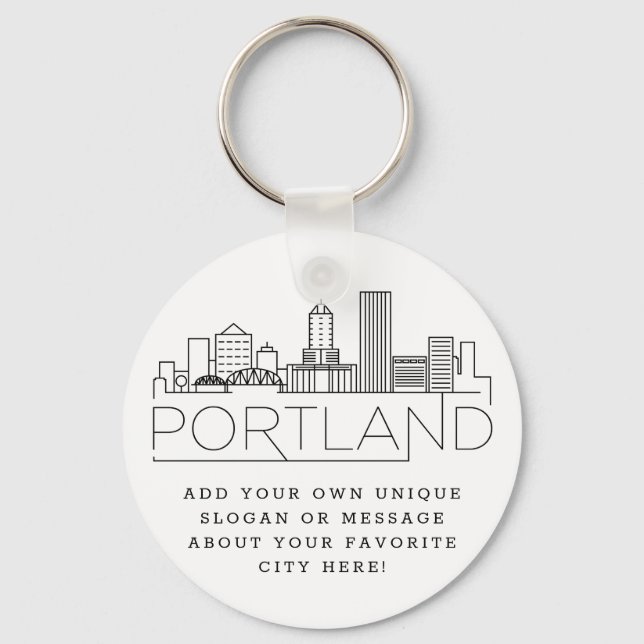 Portland, Oregon Stylized Skyline | Custom Slogan Keychain (Front)