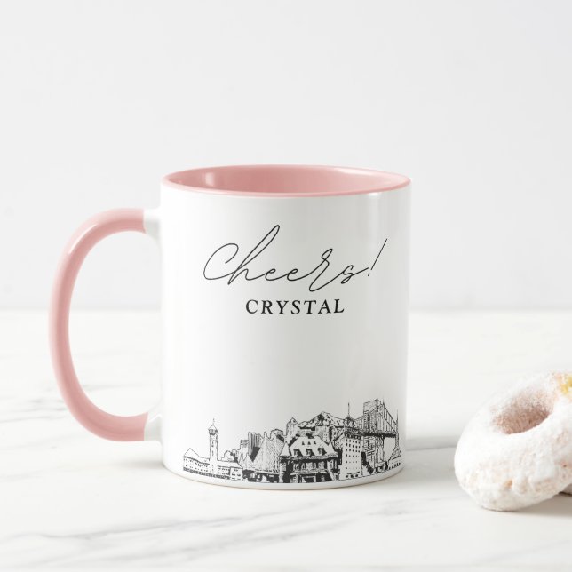 Portland Skyline Personalized Wedding Coffee Mug (With Donut)