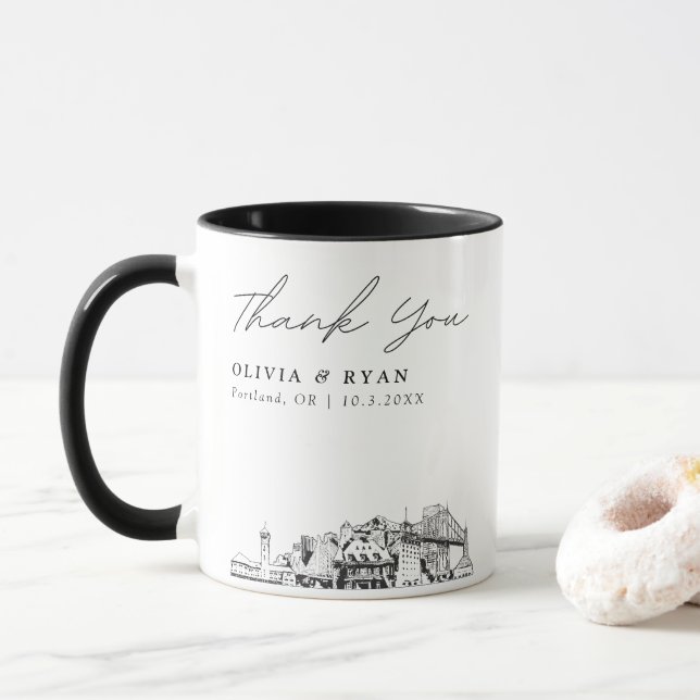 Portland Skyline Sketch Simple Mug de mariage pers (Avec donut)