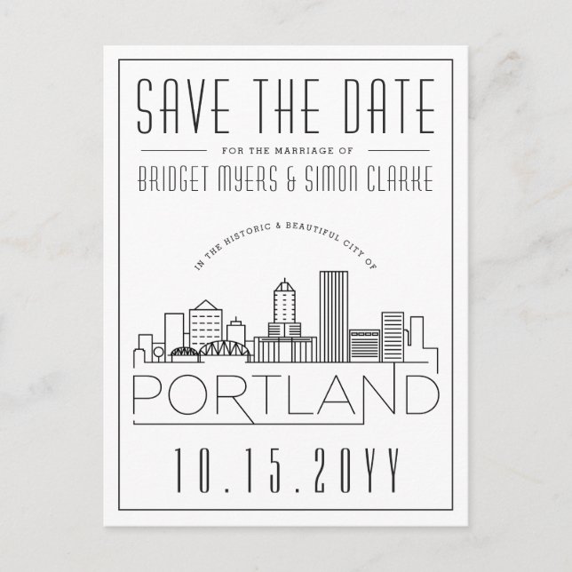Portland Wedding | Stylized Skyline Save the Date Postcard (Front)
