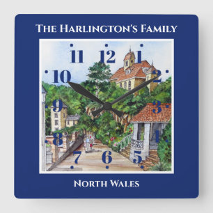 Portmeirion North Wales Pen and Ink Sketch Blue Square Wall Clock