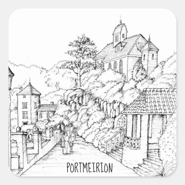 Portmeirion North Wales Pen and Ink Sketch Square Sticker (Front)