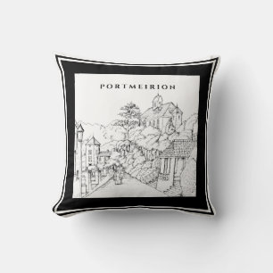 Portmeirion North Wales Pen Ink Sketch Black White Throw Pillow