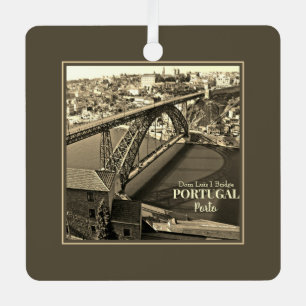 Porto bridge over Douro River, Portugal, sepia Metal Ornament