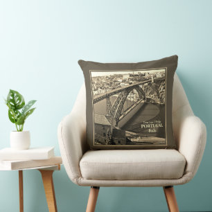 Porto bridge over Douro River, Portugal, sepia Throw Pillow