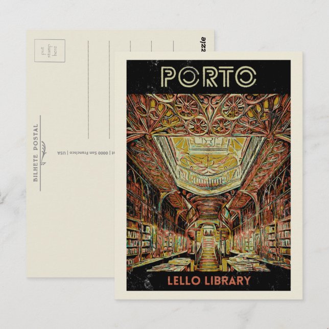 Porto Lello library illustration Portugal Postcard (Front/Back)