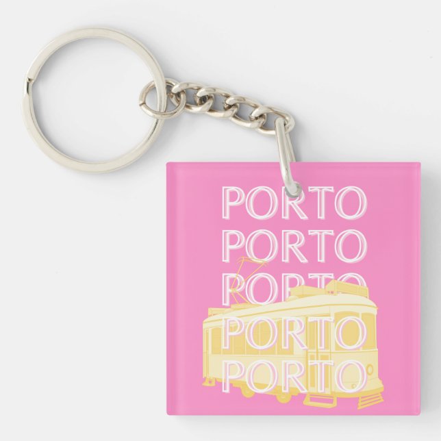 Porto Travel Art, Portugal, Pink Keychain (Front)