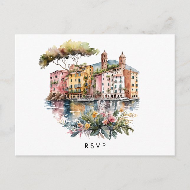 Portofino Italian summer wedding rsvp postcard (Front)