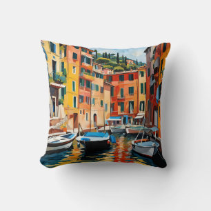 Portofino Italy Mediterranean Waterscape Boats Throw Pillow