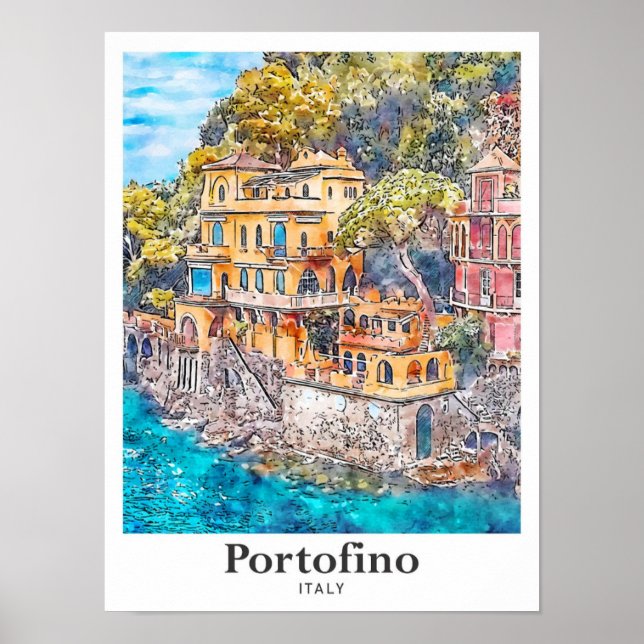 Portofino Italy Travel Watercolor Hand Drawn Poster (Front)