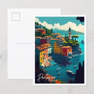 Portofino Italy vintage travel illustration Postcard