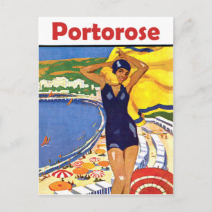Portorose, girl on the beach, vintage travel postcard